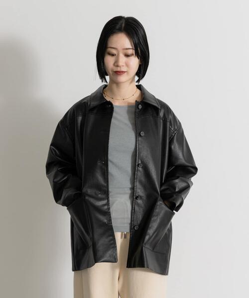 MIDIUMISOLID（ミディウミソリッド）の「MIDIUMISOLID　synthetic leather over size blouson（その他アウター・レディース・ブラック/ブラウン・FREE）」の4枚目の写真