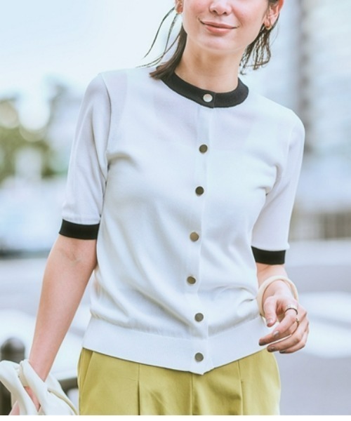 7days Life Styling(セブンデイズライフスタイリング)の「【接触冷感/UVカット/遮熱】5分袖配色ニットカーディガン(カーディガン/ボレロ・レディース・ブラック/オフホワイト・M/S/3L/LL/L/4L/5L/6L)」の2枚目の写真