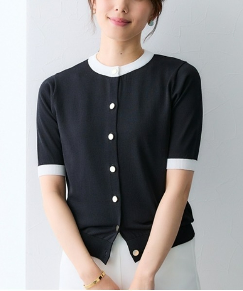 7days Life Styling(セブンデイズライフスタイリング)の「【接触冷感/UVカット/遮熱】5分袖配色ニットカーディガン(カーディガン/ボレロ・レディース・ブラック/オフホワイト・M/S/3L/LL/L/4L/5L/6L)」の1枚目の写真