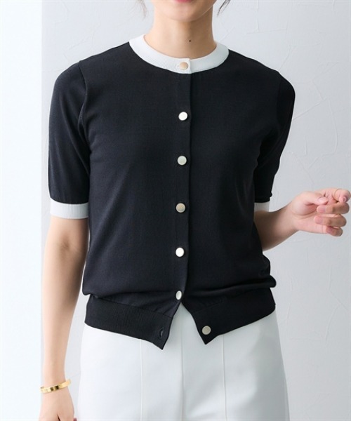 7days Life Styling(セブンデイズライフスタイリング)の「【接触冷感/UVカット/遮熱】5分袖配色ニットカーディガン(カーディガン/ボレロ・レディース・ブラック/オフホワイト・M/S/3L/LL/L/4L/5L/6L)」の7枚目の写真