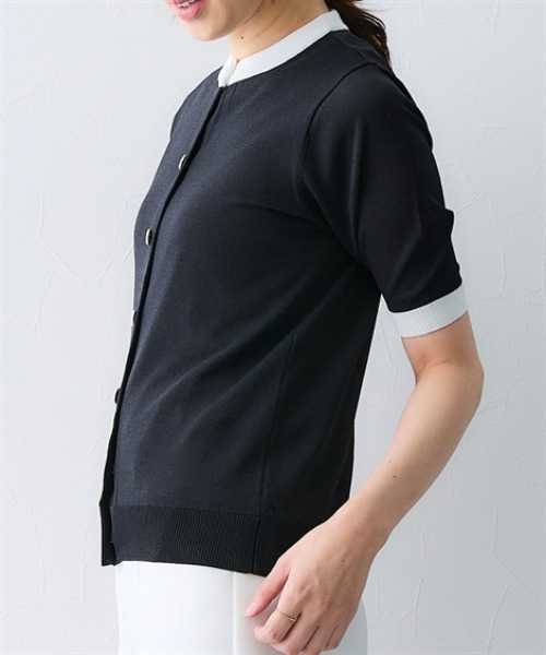 7days Life Styling(セブンデイズライフスタイリング)の「【接触冷感/UVカット/遮熱】5分袖配色ニットカーディガン(カーディガン/ボレロ・レディース・ブラック/オフホワイト・M/S/3L/LL/L/4L/5L/6L)」の8枚目の写真