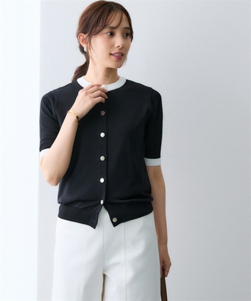 7days Life Styling(セブンデイズライフスタイリング)の「【接触冷感/UVカット/遮熱】5分袖配色ニットカーディガン(カーディガン/ボレロ・レディース・ブラック/オフホワイト・M/S/3L/LL/L/4L/5L/6L)」の13枚目の写真