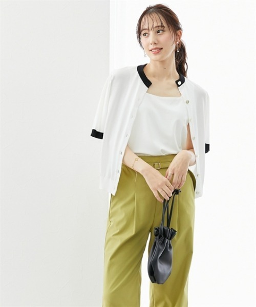 7days Life Styling(セブンデイズライフスタイリング)の「【接触冷感/UVカット/遮熱】5分袖配色ニットカーディガン(カーディガン/ボレロ・レディース・ブラック/オフホワイト・M/S/3L/LL/L/4L/5L/6L)」の4枚目の写真