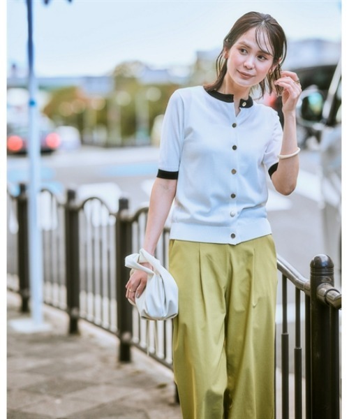 7days Life Styling(セブンデイズライフスタイリング)の「【接触冷感/UVカット/遮熱】5分袖配色ニットカーディガン(カーディガン/ボレロ・レディース・ブラック/オフホワイト・M/S/3L/LL/L/4L/5L/6L)」の6枚目の写真
