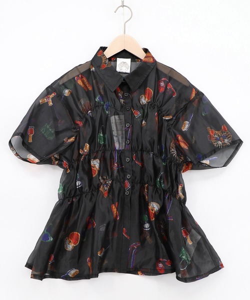 ScoLar(スカラー)の「161662:おしゃれネコちゃん柄シアーシャツ(シャツ/ブラウス・レディース・アイボリー/ブラック・M)」の1枚目の写真