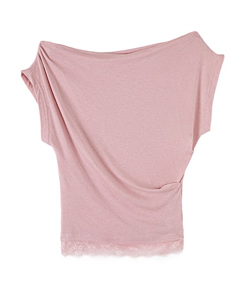 AMAJI（アマジ）の「レーストリム ワンショルダーTシャツ 半袖 レディース フィット感 セクシーきれいめトップス（Tシャツ/カットソー・レディース・グレー/ピンク/ホワイト/ブラック/ネイビー・MEDIUM/SMALL/X-LARGE/LARGE）」の7枚目の写真