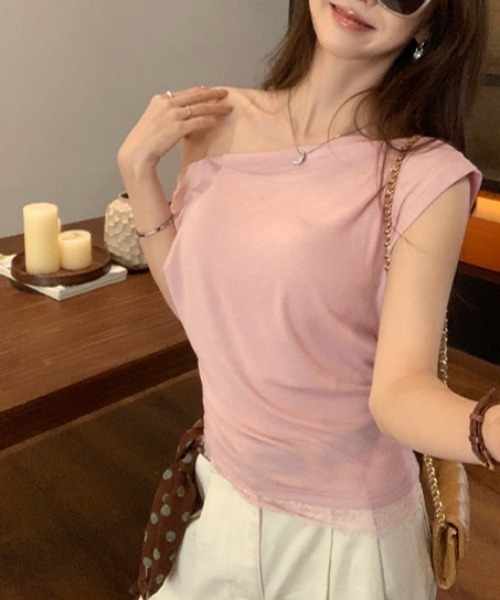 AMAJI（アマジ）の「レーストリム ワンショルダーTシャツ 半袖 レディース フィット感 セクシーきれいめトップス（Tシャツ/カットソー・レディース・グレー/ピンク/ホワイト/ブラック/ネイビー・MEDIUM/SMALL/X-LARGE/LARGE）」の19枚目の写真