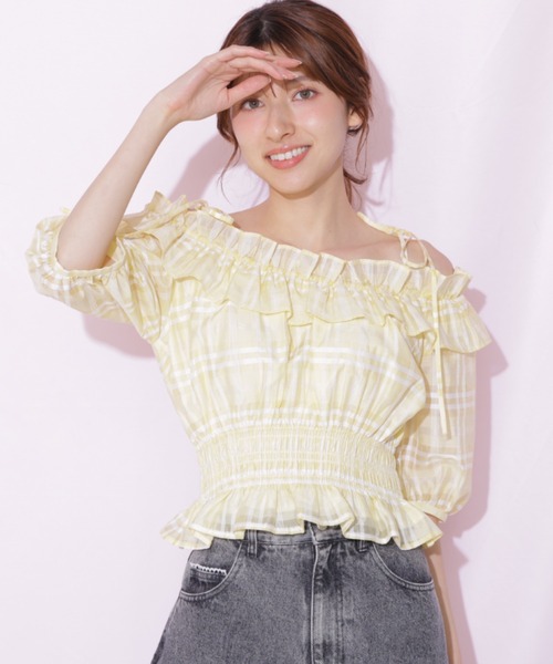 JILL by JILL STUART(ジルバイジルスチュアート)の「フリルギャザーチェックブラウス(シャツ/ブラウス・レディース・ピンク/ホワイト/イエロー・FREE)」の8枚目の写真