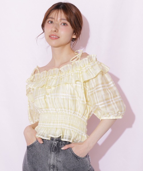 JILL by JILL STUART(ジルバイジルスチュアート)の「フリルギャザーチェックブラウス(シャツ/ブラウス・レディース・ピンク/ホワイト/イエロー・FREE)」の4枚目の写真