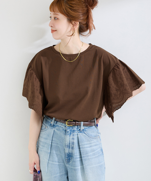 B.C STOCK(ベーセーストック)の「ウォッシャブル / add Function レーススリーブ天竺プルオーバー(Tシャツ/カットソー・レディース・ホワイト/ブラウン/ブルー系その他・FREE)」の3枚目の写真