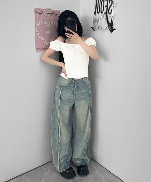 FOLLOWIN(フォロウィン)の「フリンジラインライトヴィンテージワイドデニム(デニムパンツ・レディース・ブルー・LARGE/SMALL/MEDIUM)」の14枚目の写真