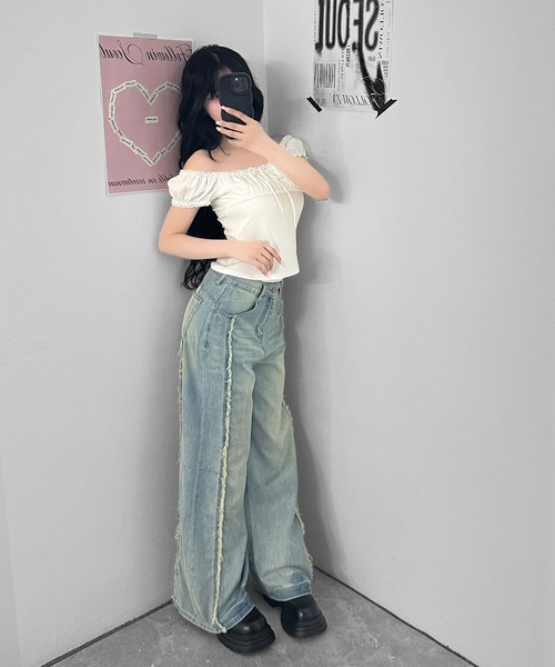 FOLLOWIN(フォロウィン)の「フリンジラインライトヴィンテージワイドデニム(デニムパンツ・レディース・ブルー・LARGE/SMALL/MEDIUM)」の15枚目の写真