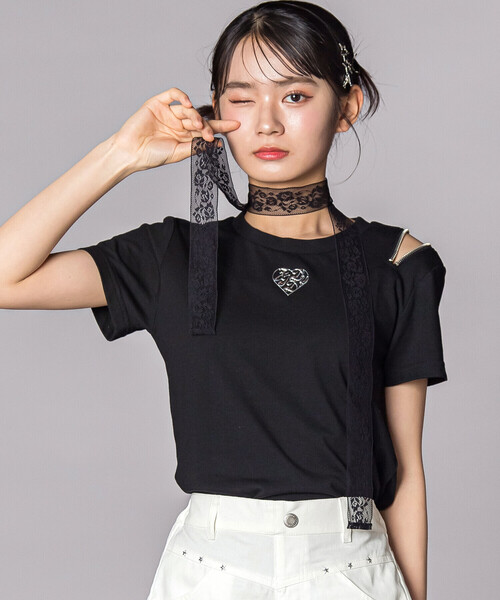 ZIDDY（ジディ）の「レースストールファスナーTシャツ(130~160cm)（Tシャツ/カットソー・キッズ・ブラック/グレー・130cm/140cm/FREE/150cm）」の2枚目の写真