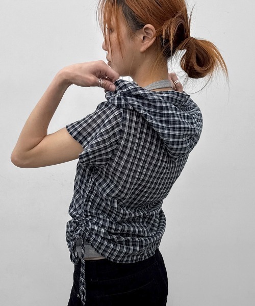 BLACKUP（ブラックアップ）の「[MADE] ペンコチェックストリングフードシャツ（シャツ/ブラウス・レディース・ピンク/ネイビー・SMALL/MEDIUM）」の2枚目の写真
