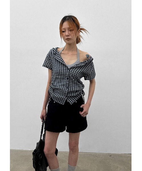 BLACKUP（ブラックアップ）の「[MADE] ペンコチェックストリングフードシャツ（シャツ/ブラウス・レディース・ピンク/ネイビー・SMALL/MEDIUM）」の4枚目の写真