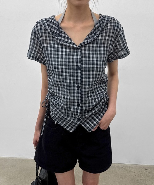 BLACKUP（ブラックアップ）の「[MADE] ペンコチェックストリングフードシャツ（シャツ/ブラウス・レディース・ピンク/ネイビー・SMALL/MEDIUM）」の3枚目の写真