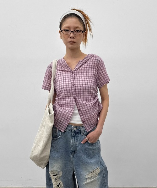 BLACKUP（ブラックアップ）の「[MADE] ペンコチェックストリングフードシャツ（シャツ/ブラウス・レディース・ピンク/ネイビー・SMALL/MEDIUM）」の7枚目の写真