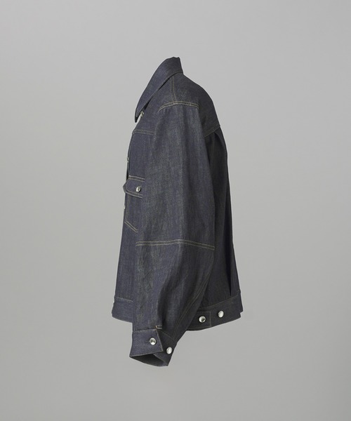 MAISON SPECIAL（メゾンスペシャル）の「《UNISEX》Ovoid Sleeve Prime-Over Trucker Jacket/オボイドスリーブプライムオーバートラッカージャケット【MAISON SPECIAL/メゾンスペシャル】■セットアップ対応■（デニムジャケット・メンズ・ブラック/ネイビー・2/1/0）」の15枚目の写真