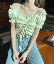 オフショルダープリーツショートトップス ギャザーリボン調整 パフスリーブ