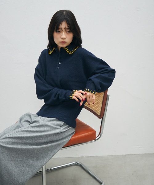 UNDERSTATEMENTs（アンダーステイトメント）の「【ユニセックス】ブランケットステッチニットポロ（ポロシャツ・メンズ・ブラウン/ネイビー/ブラック・LARGE/MEDIUM）」の4枚目の写真