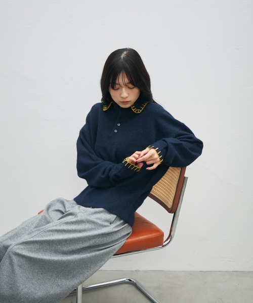 UNDERSTATEMENTs（アンダーステイトメント）の「【ユニセックス】ブランケットステッチニットポロ（ポロシャツ・メンズ・ブラウン/ネイビー/ブラック・LARGE/MEDIUM）」の5枚目の写真