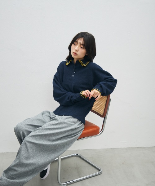 UNDERSTATEMENTs（アンダーステイトメント）の「【ユニセックス】ブランケットステッチニットポロ（ポロシャツ・メンズ・ブラウン/ネイビー/ブラック・LARGE/MEDIUM）」の6枚目の写真