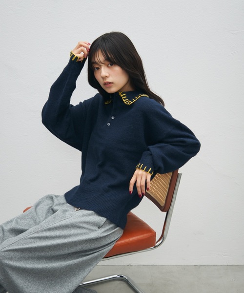 UNDERSTATEMENTs（アンダーステイトメント）の「【ユニセックス】ブランケットステッチニットポロ（ポロシャツ・メンズ・ブラウン/ネイビー/ブラック・LARGE/MEDIUM）」の12枚目の写真