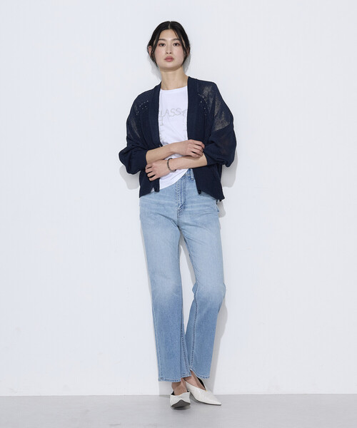 K.T KIYOKO TAKASE(キヨコタカセ)の「〔 TALLサイズ 〕 和紙混ドライタッチ ニットカーディガン(カーディガン/ボレロ・レディース・ベージュ/ネイビー・15号)」の3枚目の写真