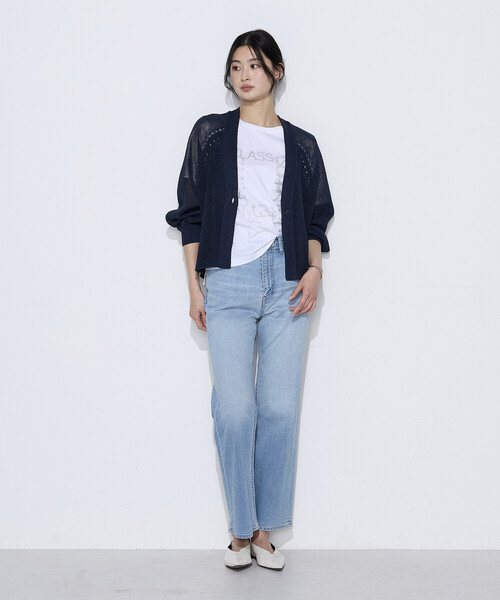 K.T KIYOKO TAKASE(キヨコタカセ)の「〔 TALLサイズ 〕 和紙混ドライタッチ ニットカーディガン(カーディガン/ボレロ・レディース・ベージュ/ネイビー・15号)」の4枚目の写真