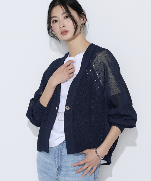 K.T KIYOKO TAKASE(キヨコタカセ)の「〔 TALLサイズ 〕 和紙混ドライタッチ ニットカーディガン(カーディガン/ボレロ・レディース・ベージュ/ネイビー・15号)」の7枚目の写真