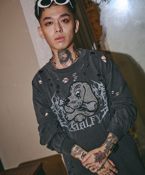 GALFY(ガルフィー)の「【GALFY/ガルフィー】大ダメージロンTee(Tシャツ/カットソー・メンズ・スミクロ/ブルーグレー/アッシュ・M/L/XL)」の1枚目の写真