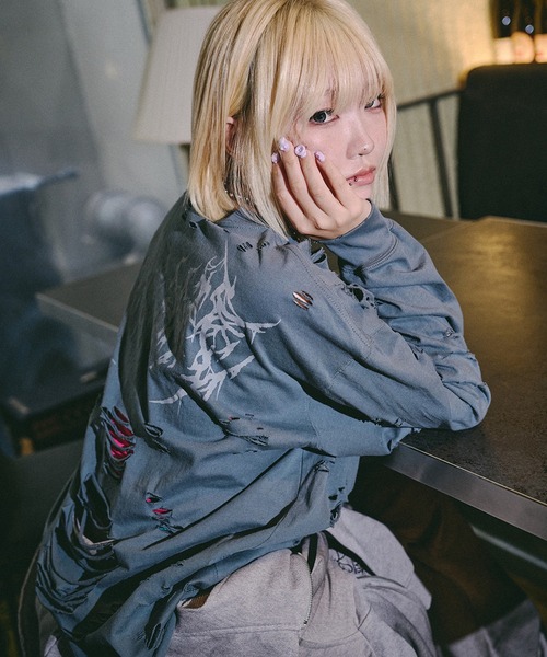 GALFY(ガルフィー)の「【GALFY/ガルフィー】大ダメージロンTee(Tシャツ/カットソー・メンズ・スミクロ/ブルーグレー/アッシュ・M/L/XL)」の2枚目の写真