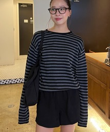 【Ranna Select】ボーダー柄長袖ニットトップス/ボーダーニット ボーダートップス 長袖ニット ニットトップス ボーダー柄 クルーネック フレアスリーブ 長袖トップス 薄手ニット 韓国ファッション カジュアル ノームコア レイヤード デイリー 秋服 冬服 チャコール ネイビー アイボリー
