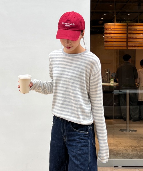 HEILIS(ヘイリス)の「【Ranna Select】ボーダー柄長袖ニットトップス/ボーダーニット ボーダートップス 長袖ニット ニットトップス ボーダー柄 クルーネック フレアスリーブ 長袖トップス 薄手ニット 韓国ファッション カジュアル ノームコア レイヤード デイリー 秋服 冬服 チャコール ネイビー アイボリー(ニット/セーター・レディース・ブルー系その他/グレー系その他/ブラック系その他・FREE)」の12枚目の写真