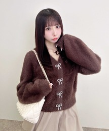 【WEB限定】Vネックリボンボタンフェザーニットカーディガン