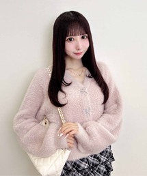 【WEB限定】Vネックリボンボタンフェザーニットカーディガン