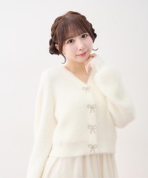 【WEB限定】Vネックリボンボタンフェザーニットカーディガン