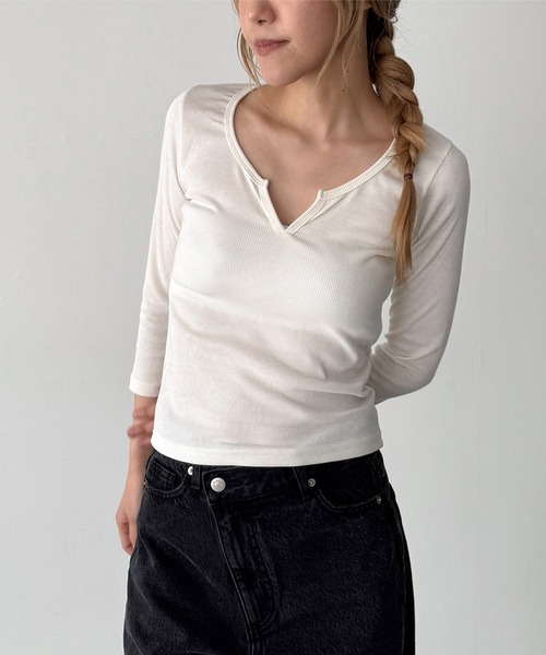 CANAL JEAN(キャナルジーン)の「El mar リブスキッパー7分袖Tシャツ(Tシャツ/カットソー・レディース・オフホワイト/チャコールグレー/ブラック・ONE SIZE)」の2枚目の写真
