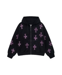 ジップフーディ|Black x Pink Allover Cross Rhinestone Zip Hoodie|Unknown London