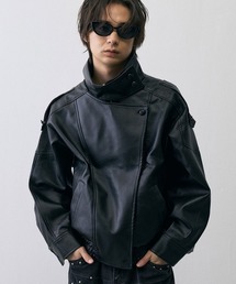Asymmetric High Neck Faux Leather Military Jacket / アシンメトリック ハイネック フェイクレザー ミリタリージャケット