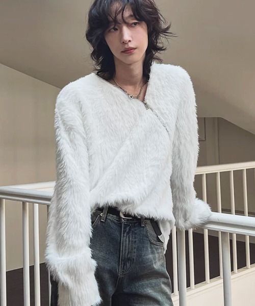 NOWLE（ノウル）の「【NOWLE】ファーライク シャギー アシメジップ Vネック ニット / プルオーバー（ニット/セーター・メンズ・ホワイト/ブラック・MEDIUM/LARGE/X-LARGE）」の22枚目の写真