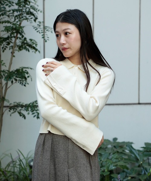 PUBLIC TOKYO(パブリックトウキョウ)の「【ZOZO先行発売】【26年秋の新作】コットンカシミヤフレアポロニット|ウォッシャブル/オフィスカジュアル/細見え(ニット/セーター・レディース・グレー/ホワイト/ブルー・FREE)」の9枚目の写真
