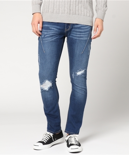 VENCEEXCHANGE(ヴァンスエクスチェンジ)の「ダーツ入りダメージデニムスキニー (デニムパンツ・メンズ・ブルー/ライトブルー・SMALL/MEDIUM/LARGE)」の2枚目の写真