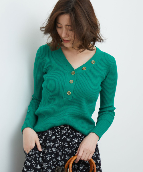 ROPE' PICNIC(ロペピクニック)の「【松岡茉優さん着用アイテム】【WEB限定36サイズ】Vネックリブプルオーバー(ニット/セーター)」|グリーン