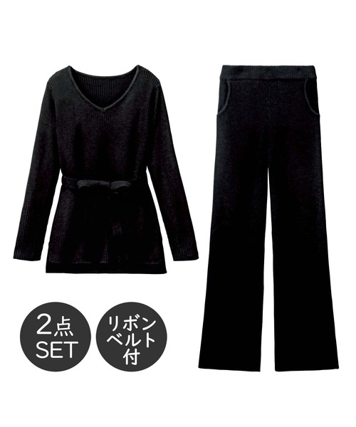 GeeRA（ジーラ）の「ベルト付トップス＆ワイドパンツニットセット（セットアップ・レディース・ブラック・LARGE/X-LARGE/MEDIUM）」の4枚目の写真