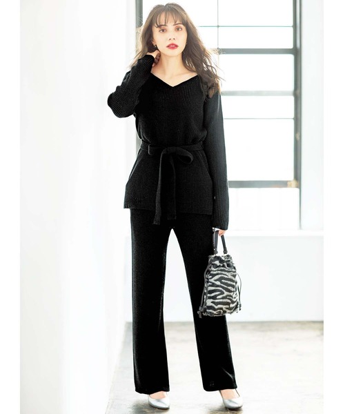 GeeRA（ジーラ）の「ベルト付トップス＆ワイドパンツニットセット（セットアップ・レディース・ブラック・LARGE/X-LARGE/MEDIUM）」の5枚目の写真