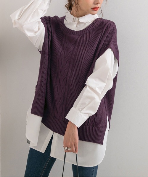 Newlyme(ニューリーミー)の「ケーブルニットベストレイヤードシャツ【R】(ニット/セーター・レディース・ブラウン/パープル/ベージュ/ブラック・M-L)」の4枚目の写真