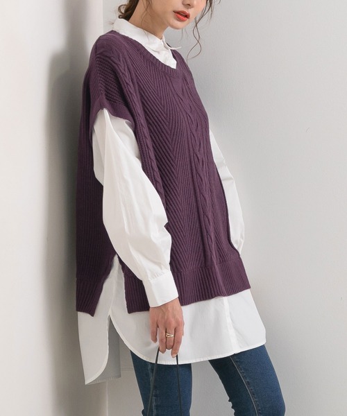 Newlyme(ニューリーミー)の「ケーブルニットベストレイヤードシャツ【R】(ニット/セーター・レディース・ブラウン/パープル/ベージュ/ブラック・M-L)」の19枚目の写真