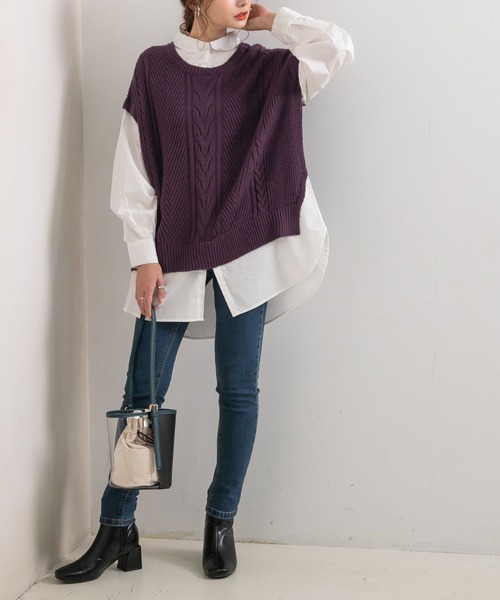 Newlyme(ニューリーミー)の「ケーブルニットベストレイヤードシャツ【R】(ニット/セーター・レディース・ブラウン/パープル/ベージュ/ブラック・M-L)」の20枚目の写真