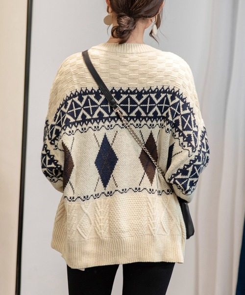 DAY CLOSET（デイ クローゼット）の「レディース ノルディック柄＆アーガイル柄ニットカーディガン 秋冬（カーディガン/ボレロ・レディース・アイボリー/ネイビー/ブラウン/ブラック/モカ/グレー・ONE SIZE）」の7枚目の写真